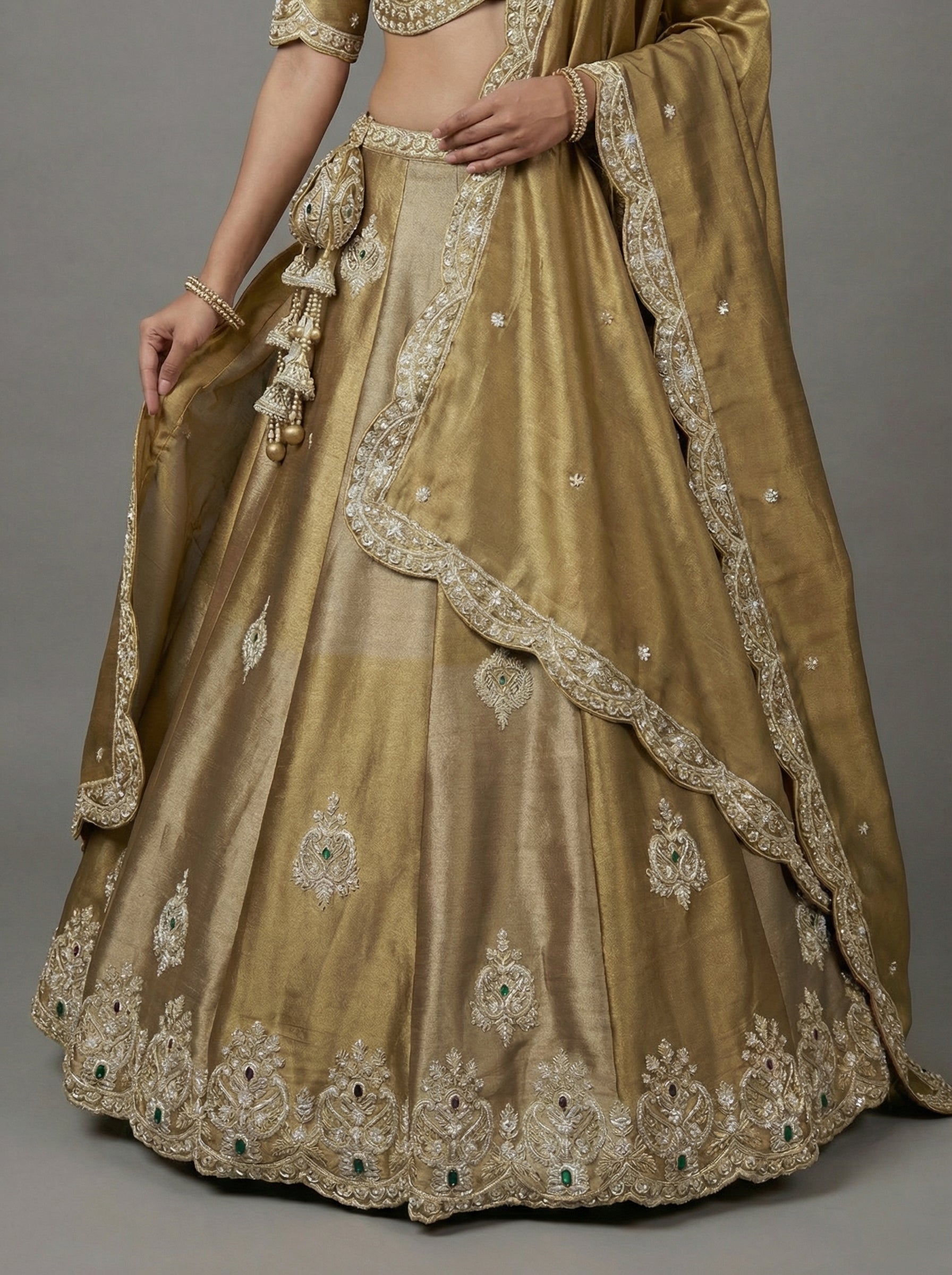 Beige Golden Tissue Lahenga with Beads Embroidery
