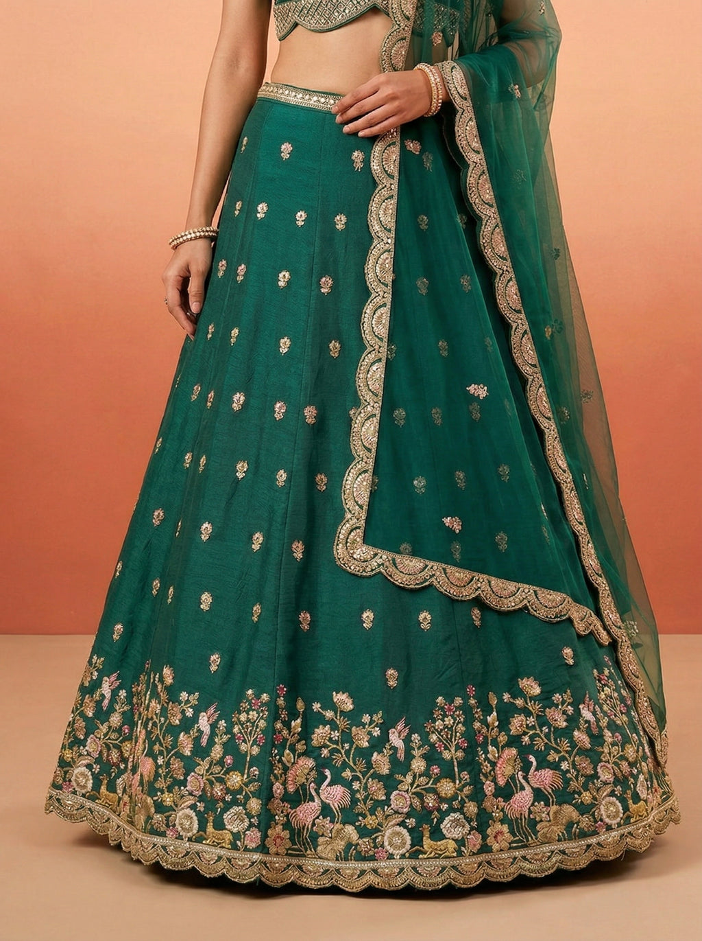 Green Chinnon Silk Lahenga with Motif Sequince Embridery