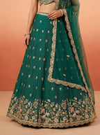 Green Chinnon Silk Lahenga with Motif Sequince Embridery