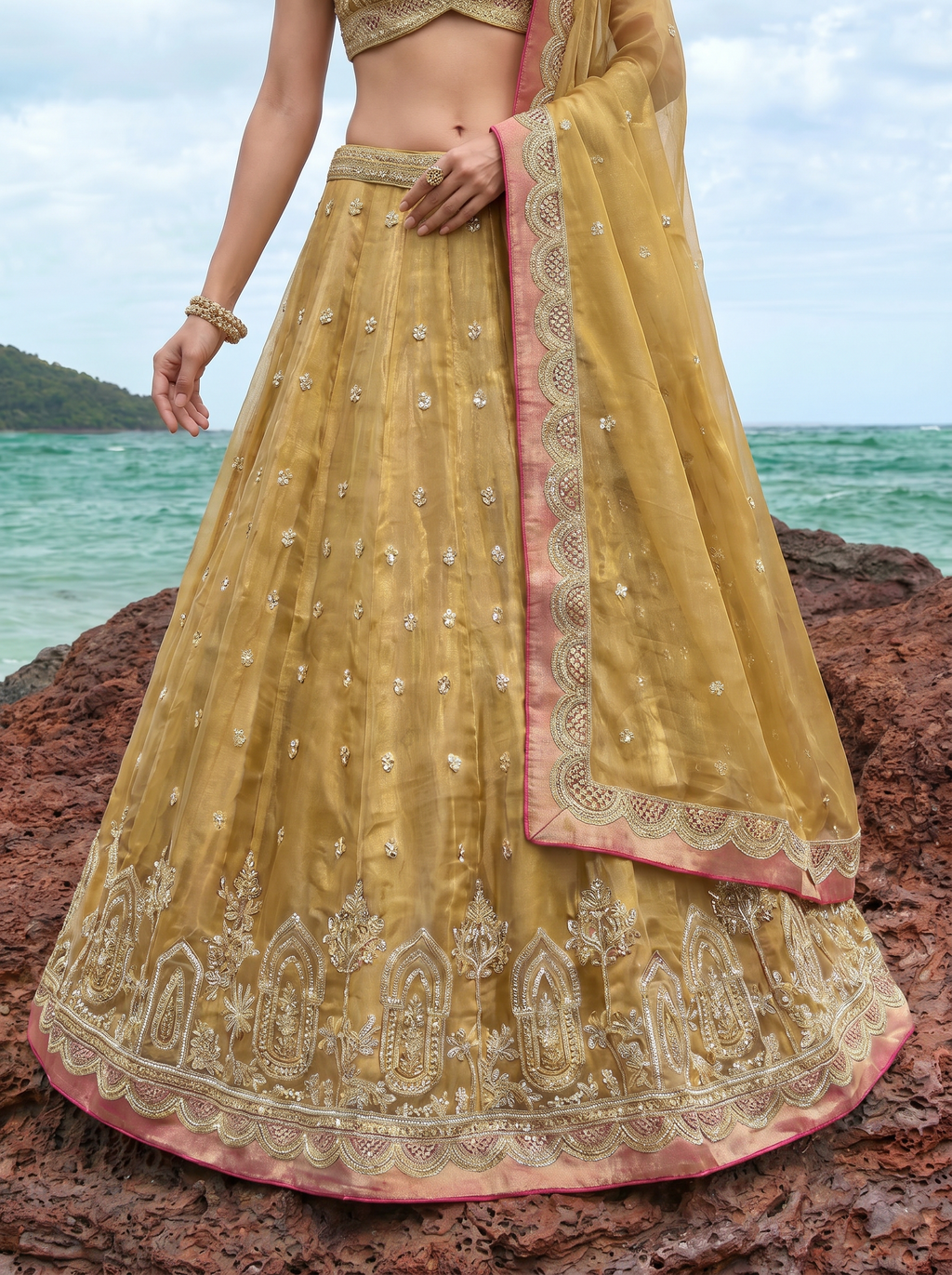 Mustard Tissue Lahenga with Sequince Embroidery