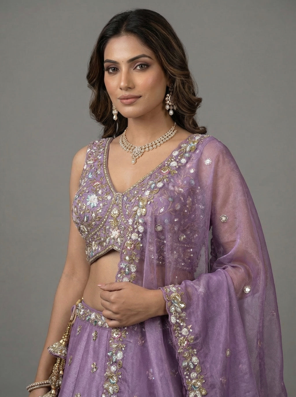 Lavender Tissue Lahenga with Sequince Embroidery