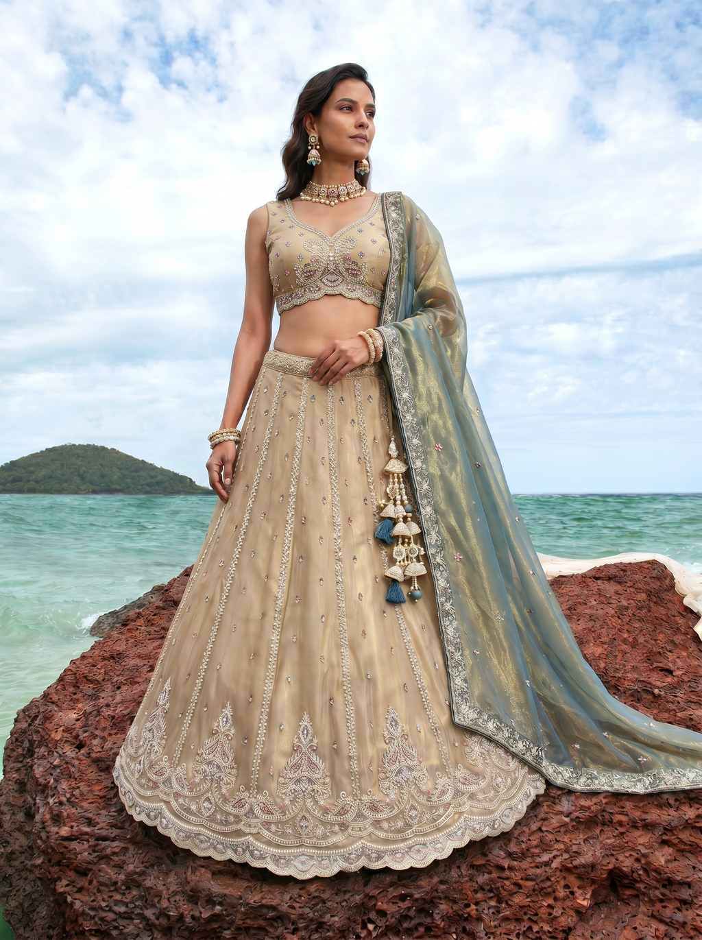 Teal Green Tissue Lahenga with Beads & Zari Embroidery