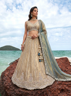 Teal Green Tissue Lahenga with Beads & Zari Embroidery