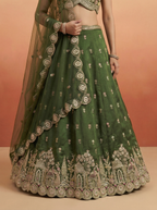 Olive Green Chinnon Silk Lahenga with Moti Sequince Embroidery