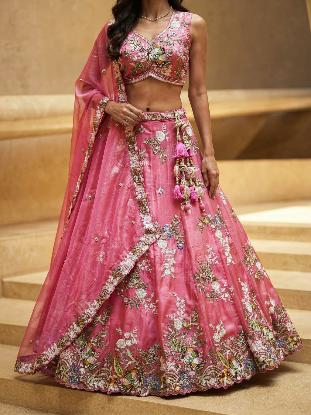 Pink Tissue Lahenga with Woolen Embroidery