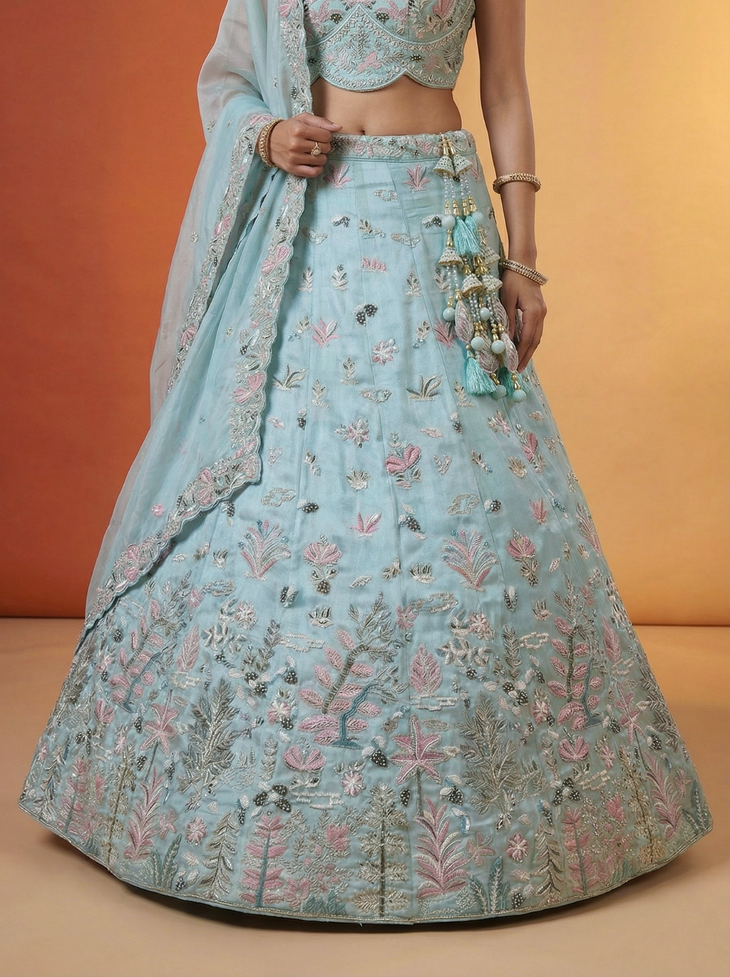 Light Blue Organza Lahenga with Swarovski Stone & Embroidery