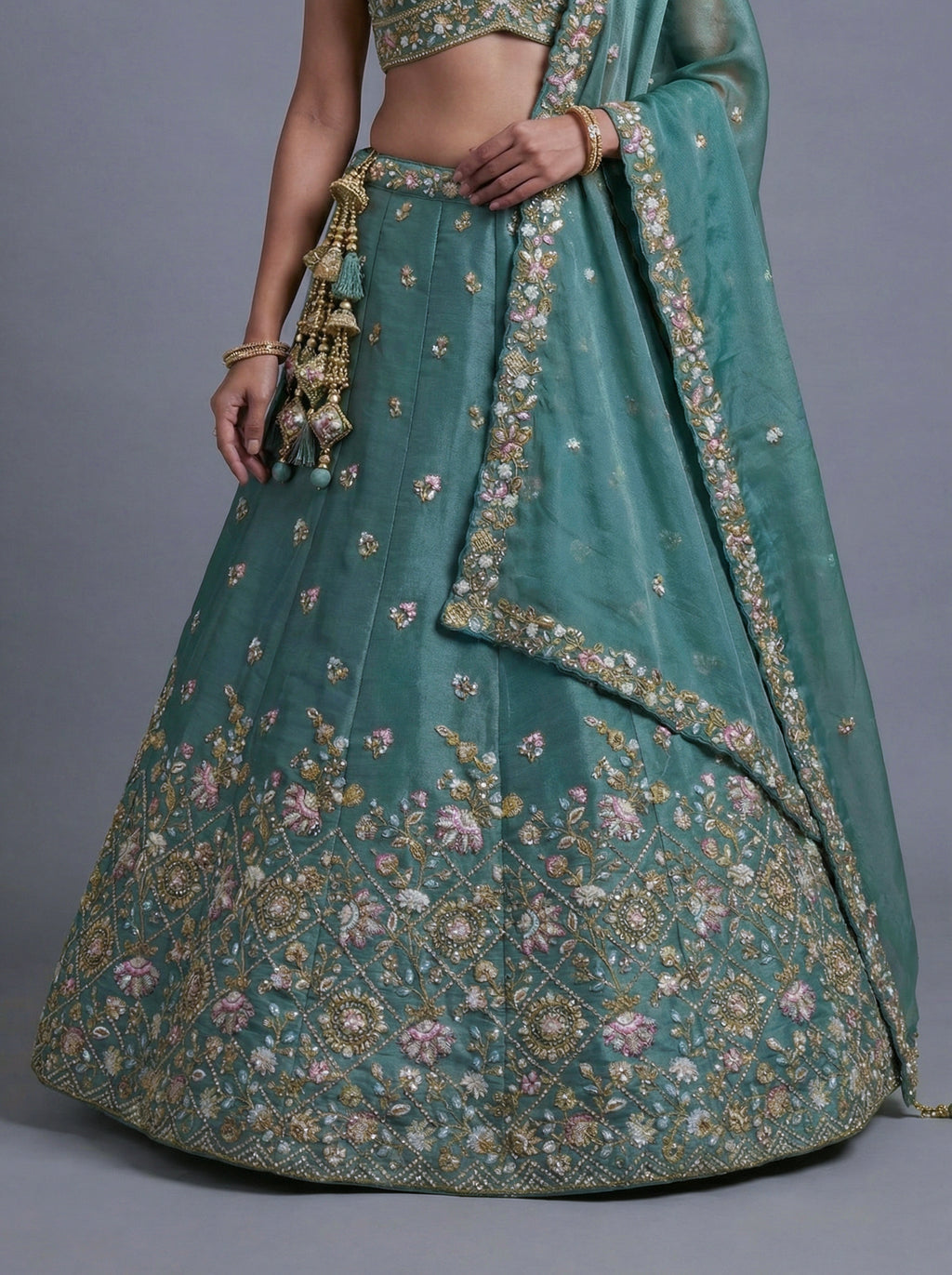 Sea Green Tissue Lahenga with Sequince Embroidery