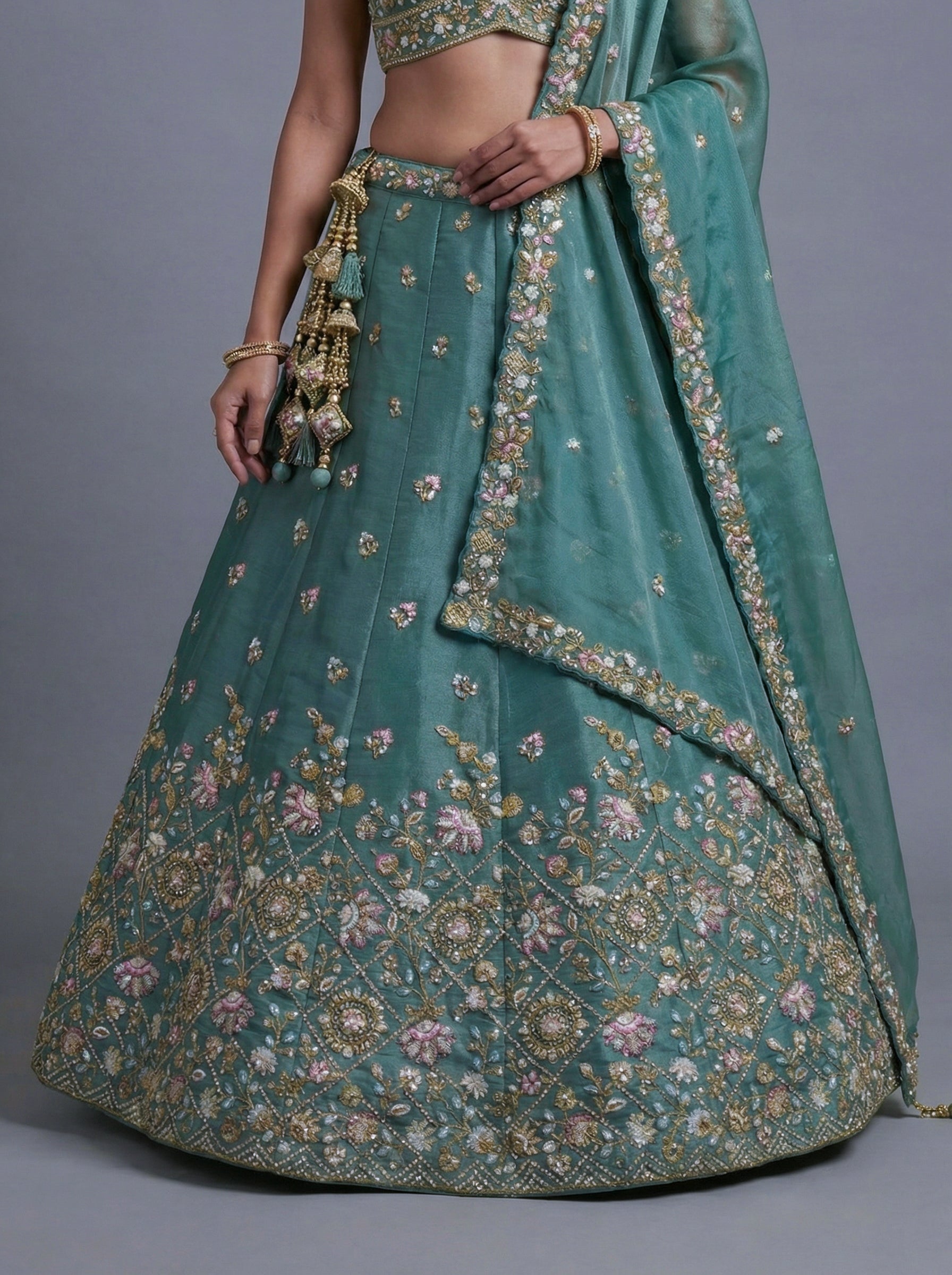 Sea Green Tissue Lahenga with Sequince Embroidery