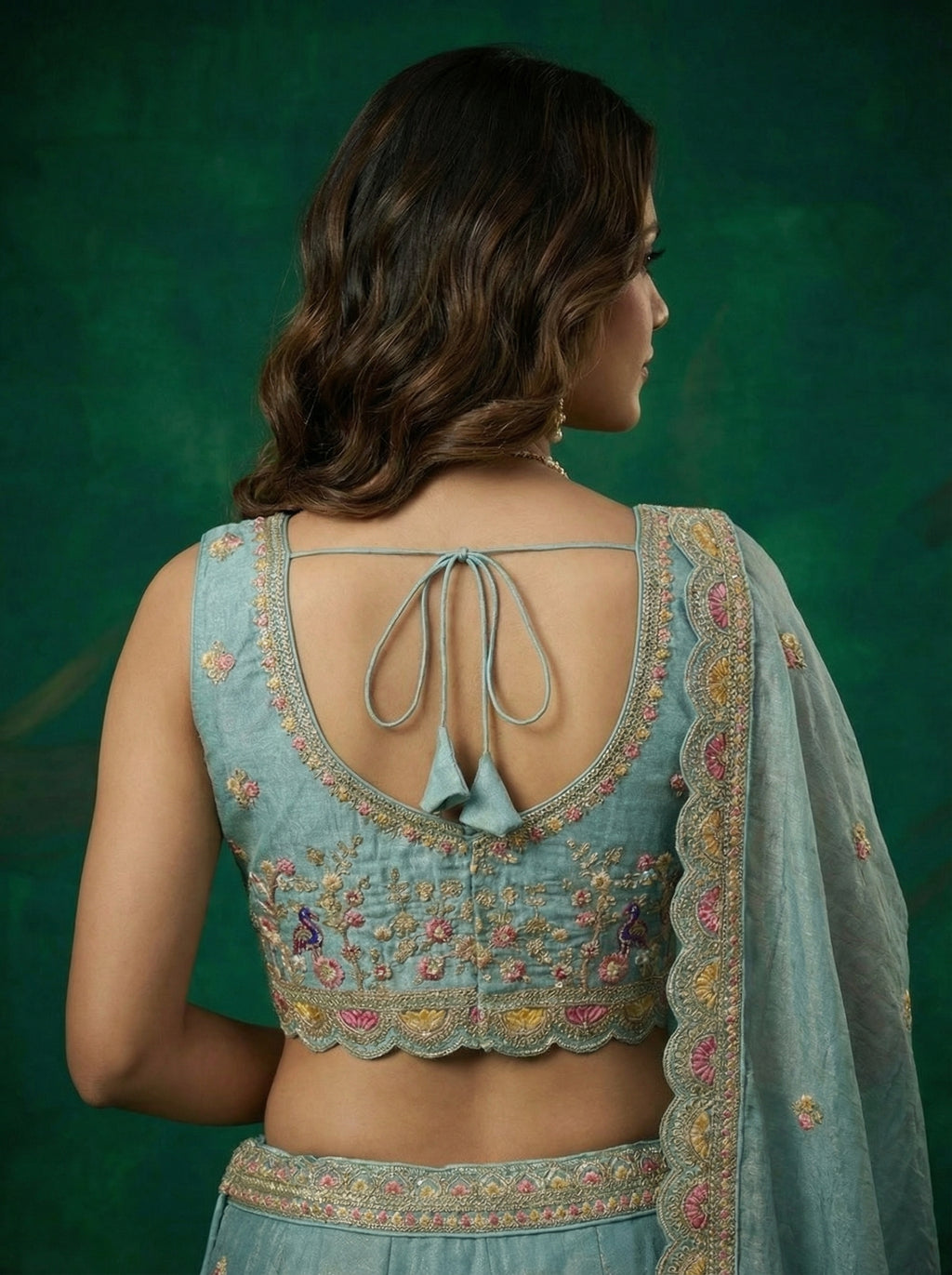 Turquoise Tissue Lahenga with Zarkan Embroidery