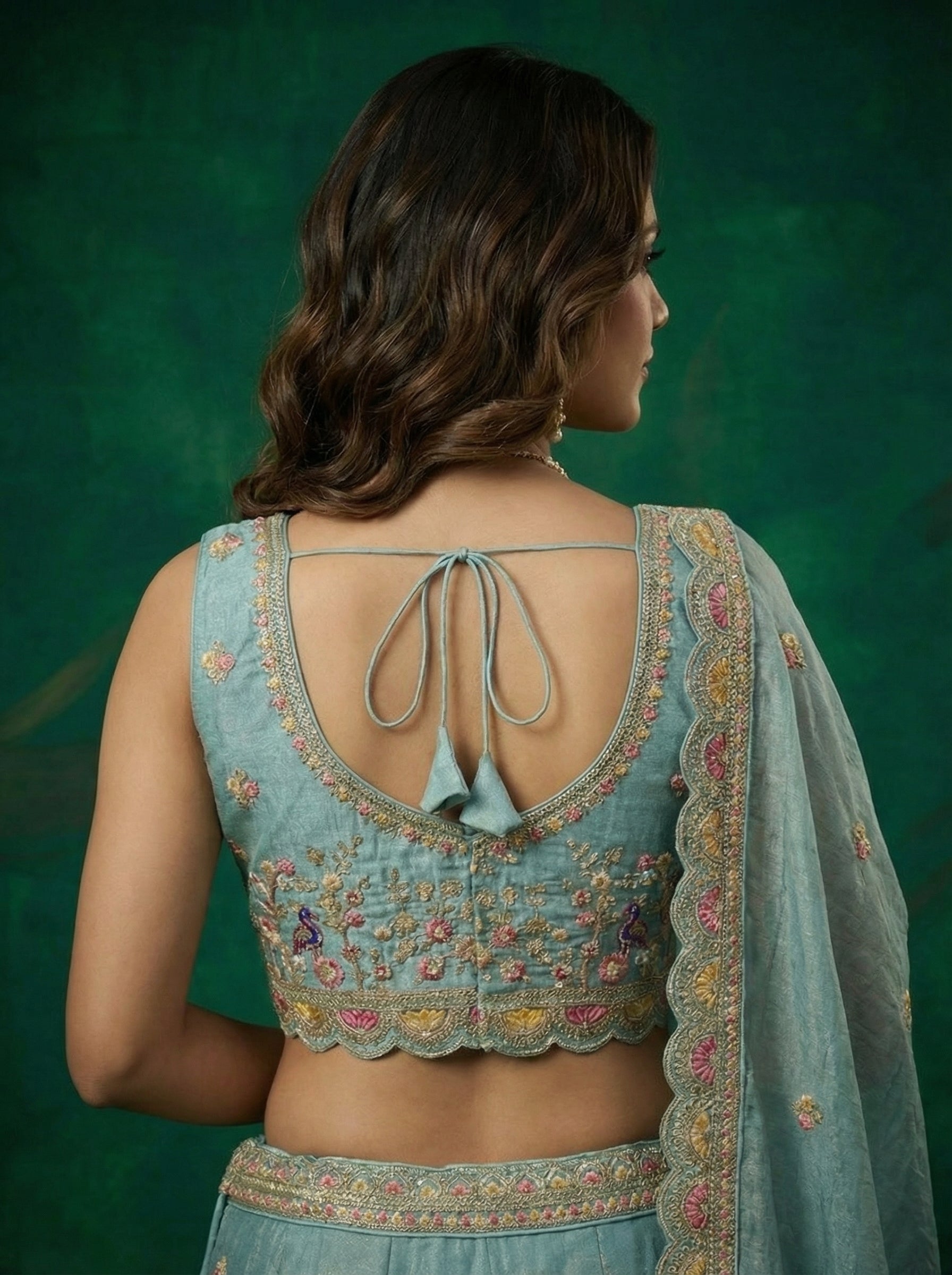 Turquoise Tissue Lahenga with Zarkan Embroidery
