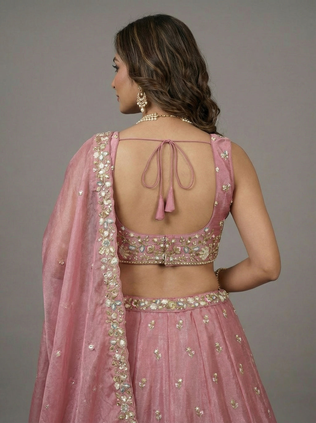 Pink Tissue Lahenga with Sequince Embroidery