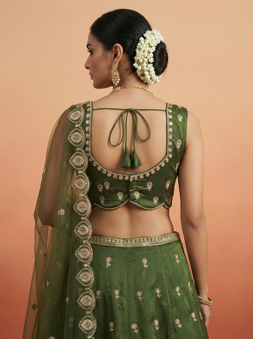 Olive Green Chinnon Silk Lahenga with Moti Sequince Embroidery