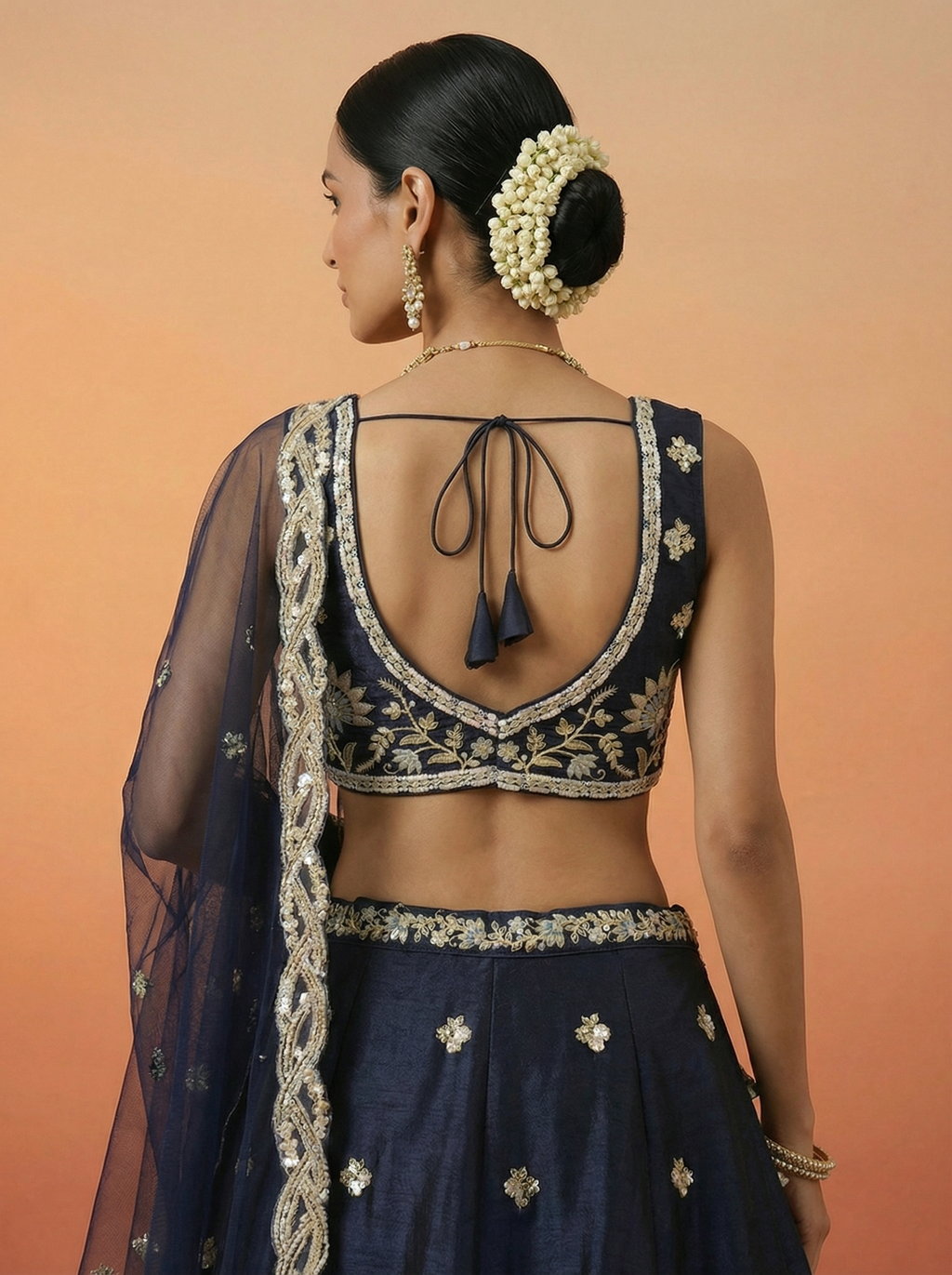 Dark Blue Tissue Lahenga with Beads Embriodery