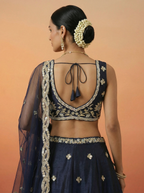 Dark Blue Tissue Lahenga with Beads Embriodery