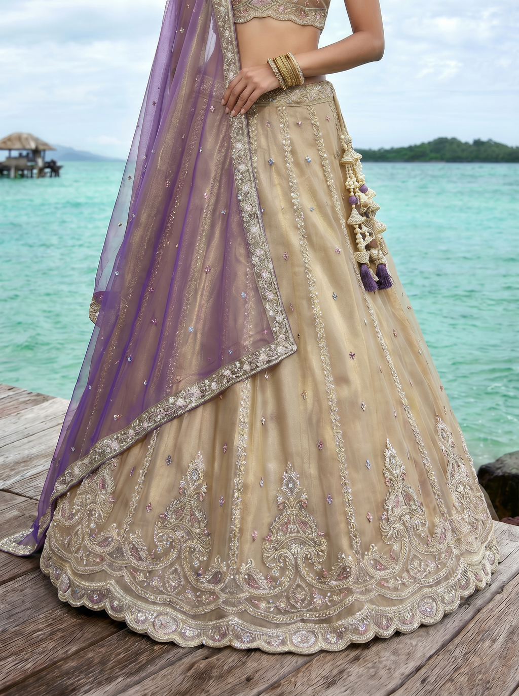 Purple Tissue Lahenga with Beads & Zari Embroidery