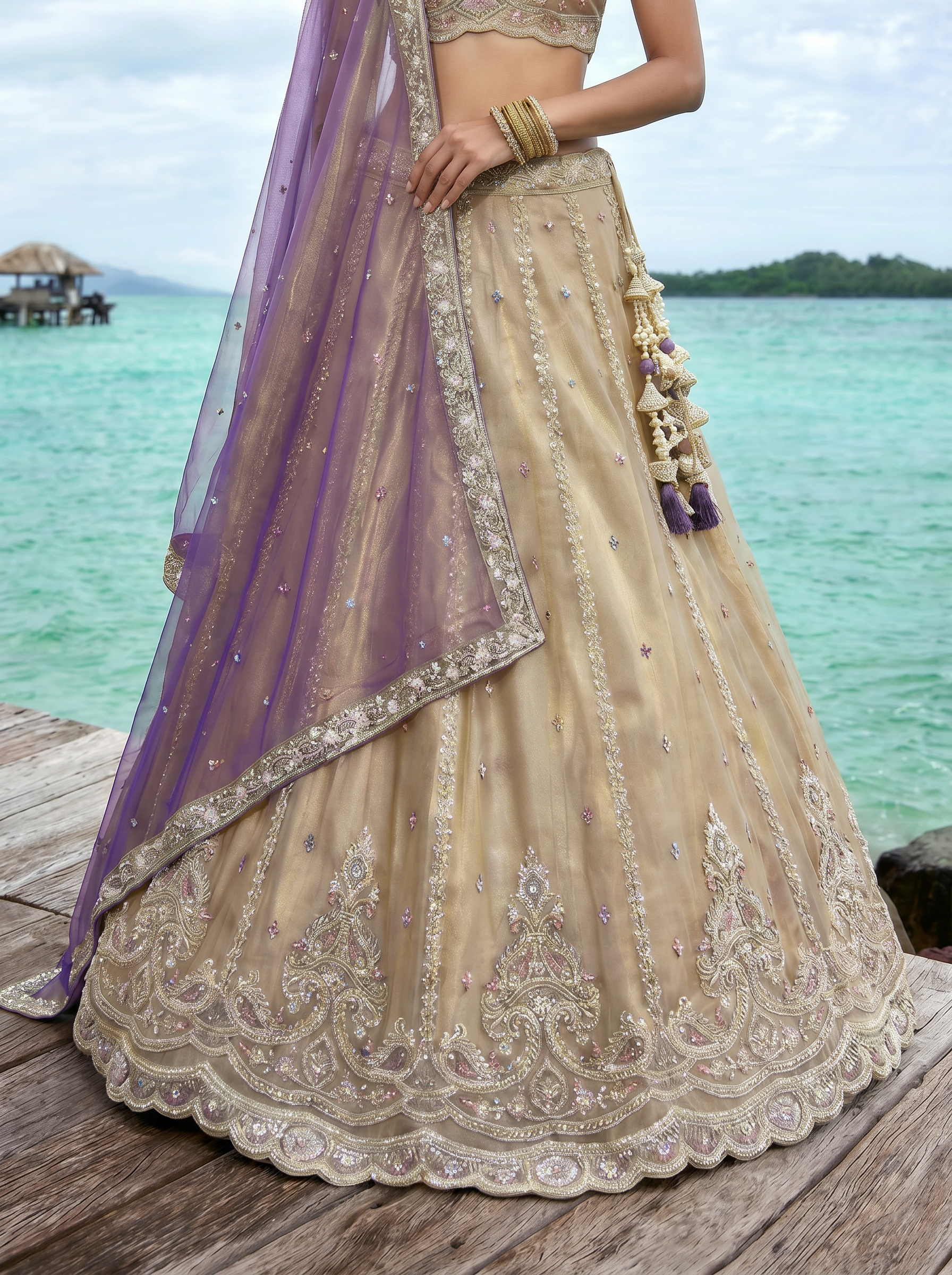 Purple Tissue Lahenga with Beads & Zari Embroidery