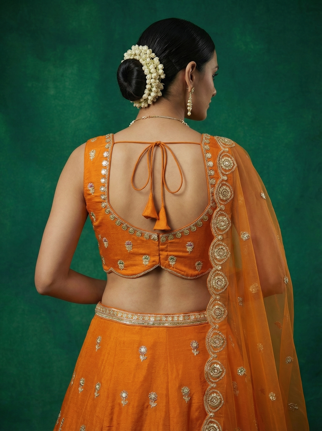 Orange Chinnon Silk Lahenga with Moti Sequince Embroidery