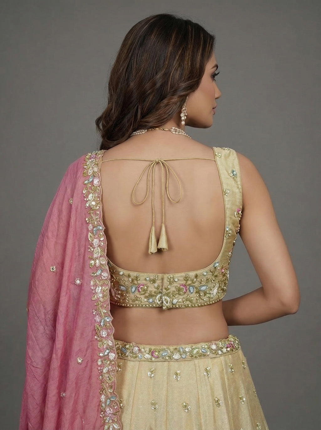 Beige Tissue Lahenga with Sequince Embroidery