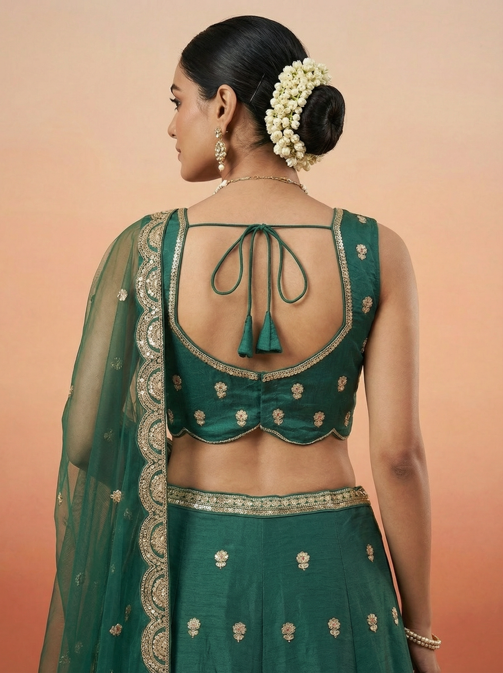Green Chinnon Silk Lahenga with Motif Sequince Embridery