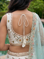 Cream & Blue Organza Lahenga with Zarkan & Sequince Embroidery
