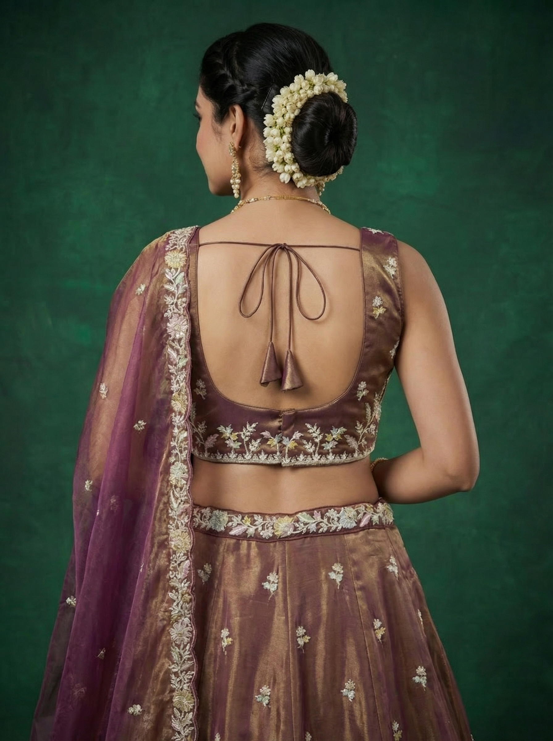 Rust Brown Tissue Lahenga with Moti Embroidery
