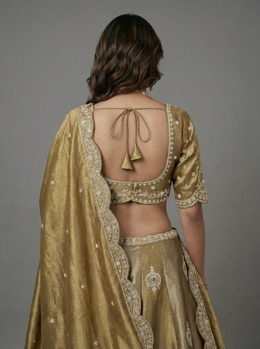 Beige Golden Tissue Lahenga with Beads Embroidery