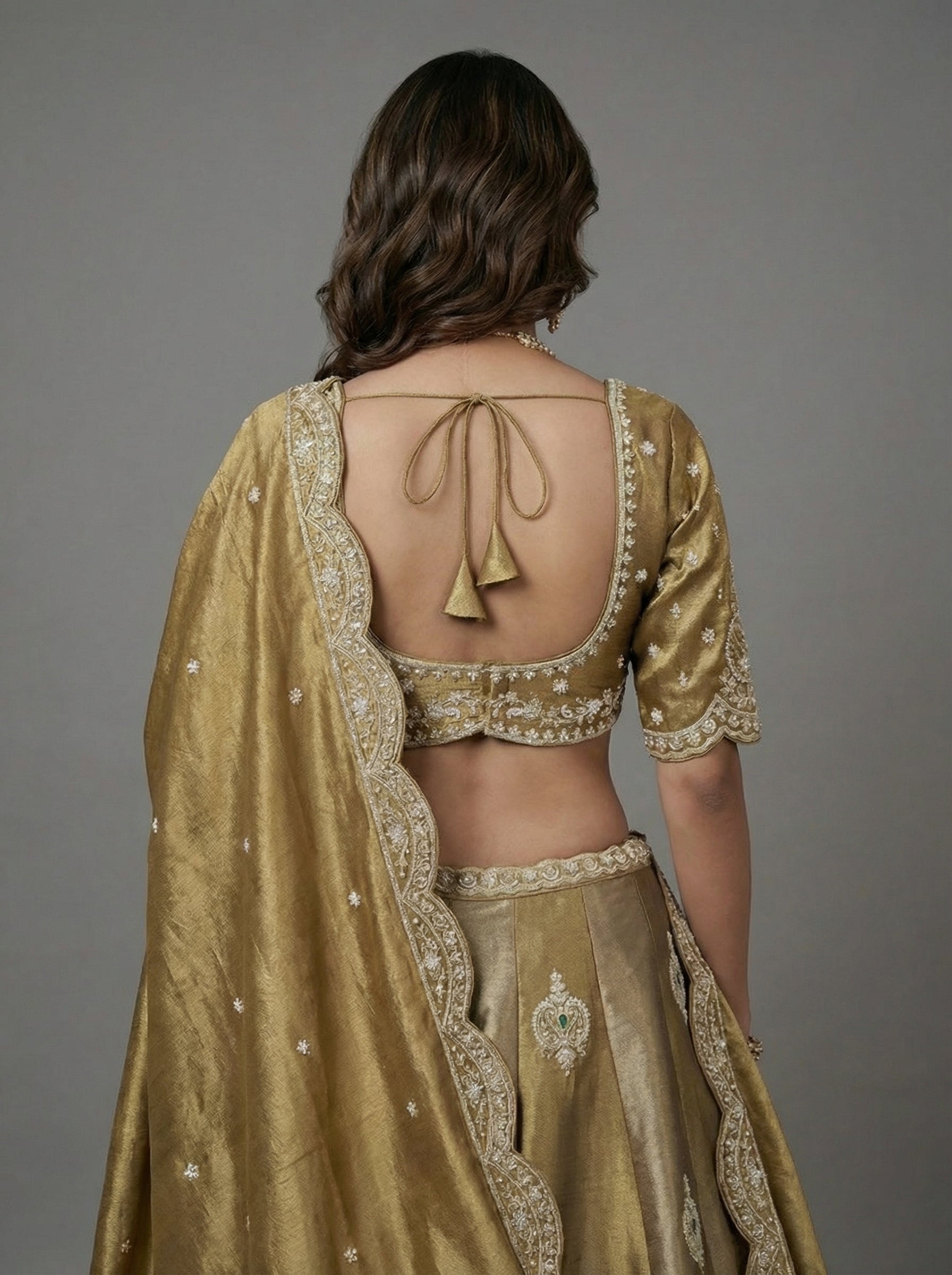 Beige Golden Tissue Lahenga with Beads Embroidery