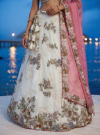 Off-White Tissue Lahenga with Woolen Embroidery