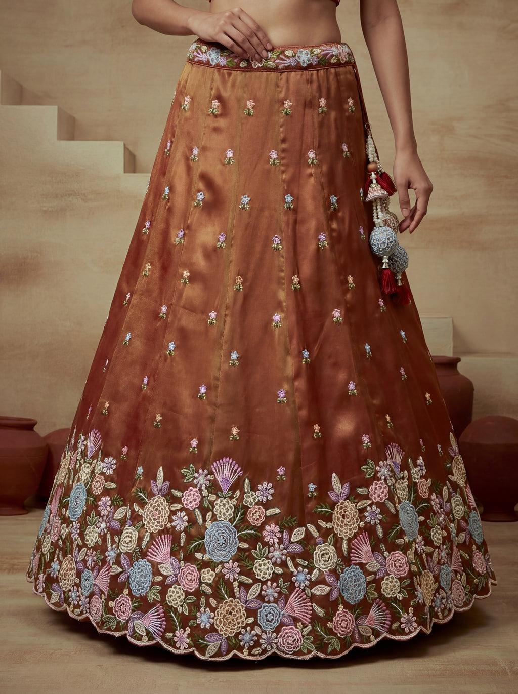 Rust colour Tissue Lahenga with Moti Embroidery