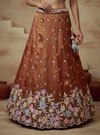 Rust colour Tissue Lahenga with Moti Embroidery