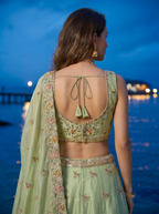 Pista Green Organza Lahenga with Zarkan & Sequince Embroidery