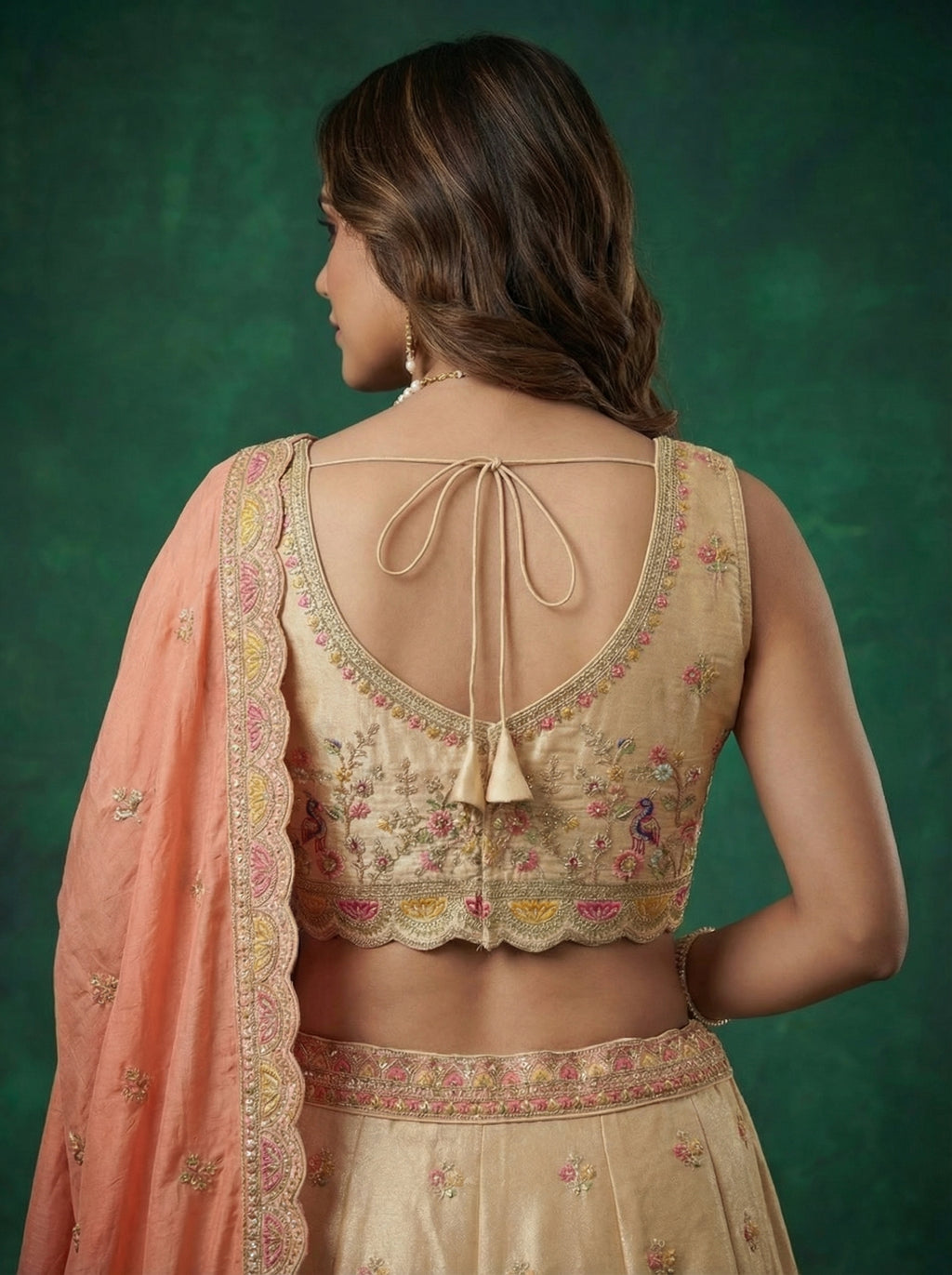 Beige Tissue Lahenga with Zarkan Embroidery