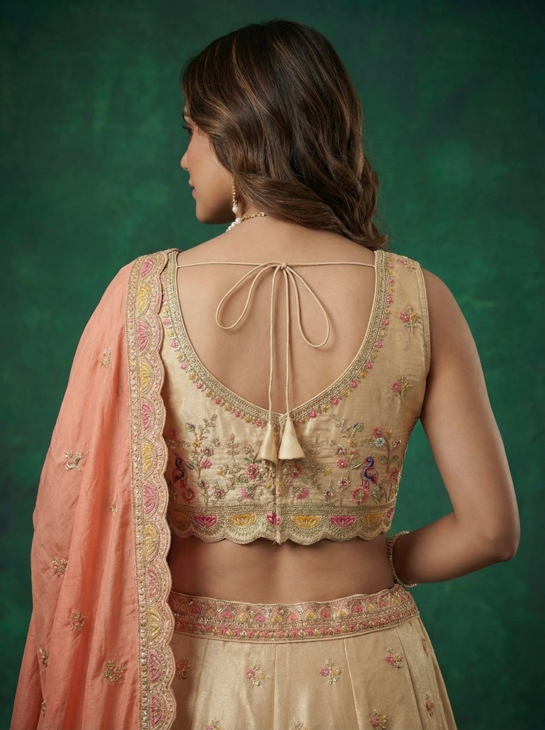 Beige Tissue Lahenga with Zarkan Embroidery