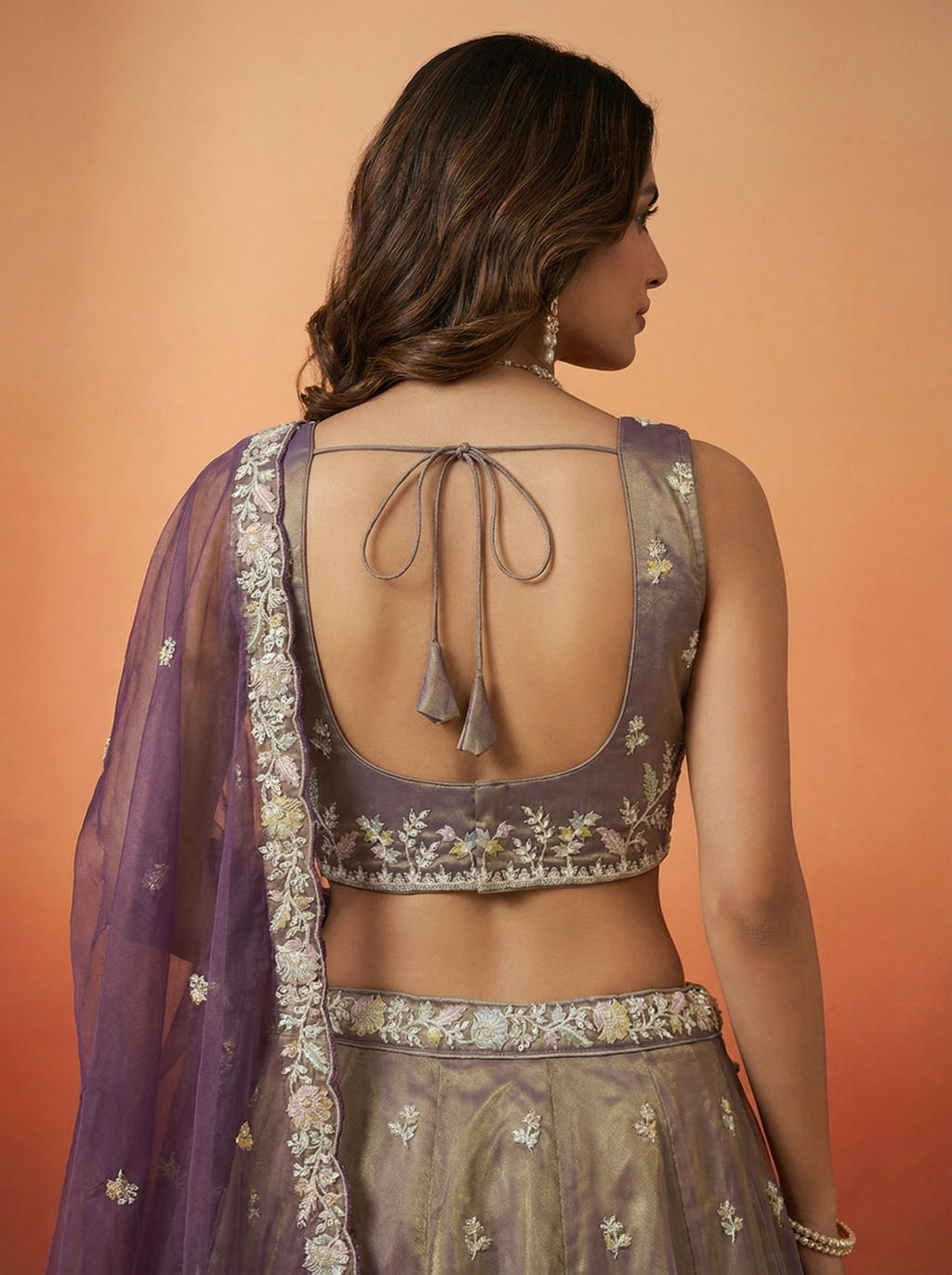 Shade of Purple Tissue Lahenga with Moti Embroidery
