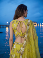 Yellow Tissue Lahenga with Woolen Embroidery