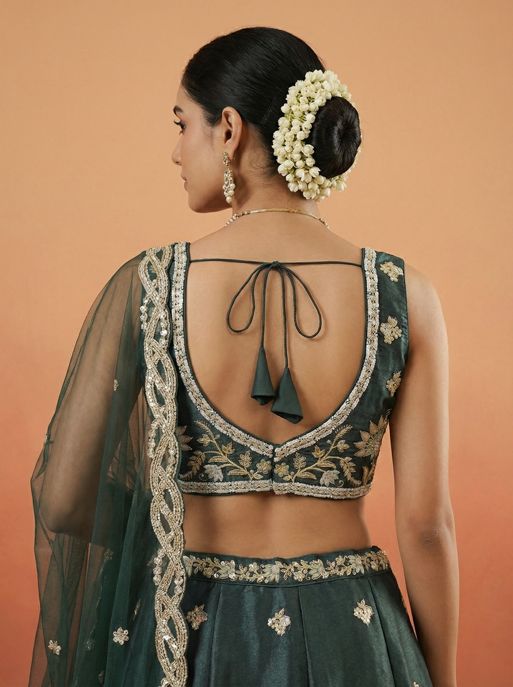 Dark Green Tissue Lahenga with Beads Embroidery