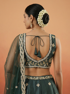 Dark Green Tissue Lahenga with Beads Embroidery