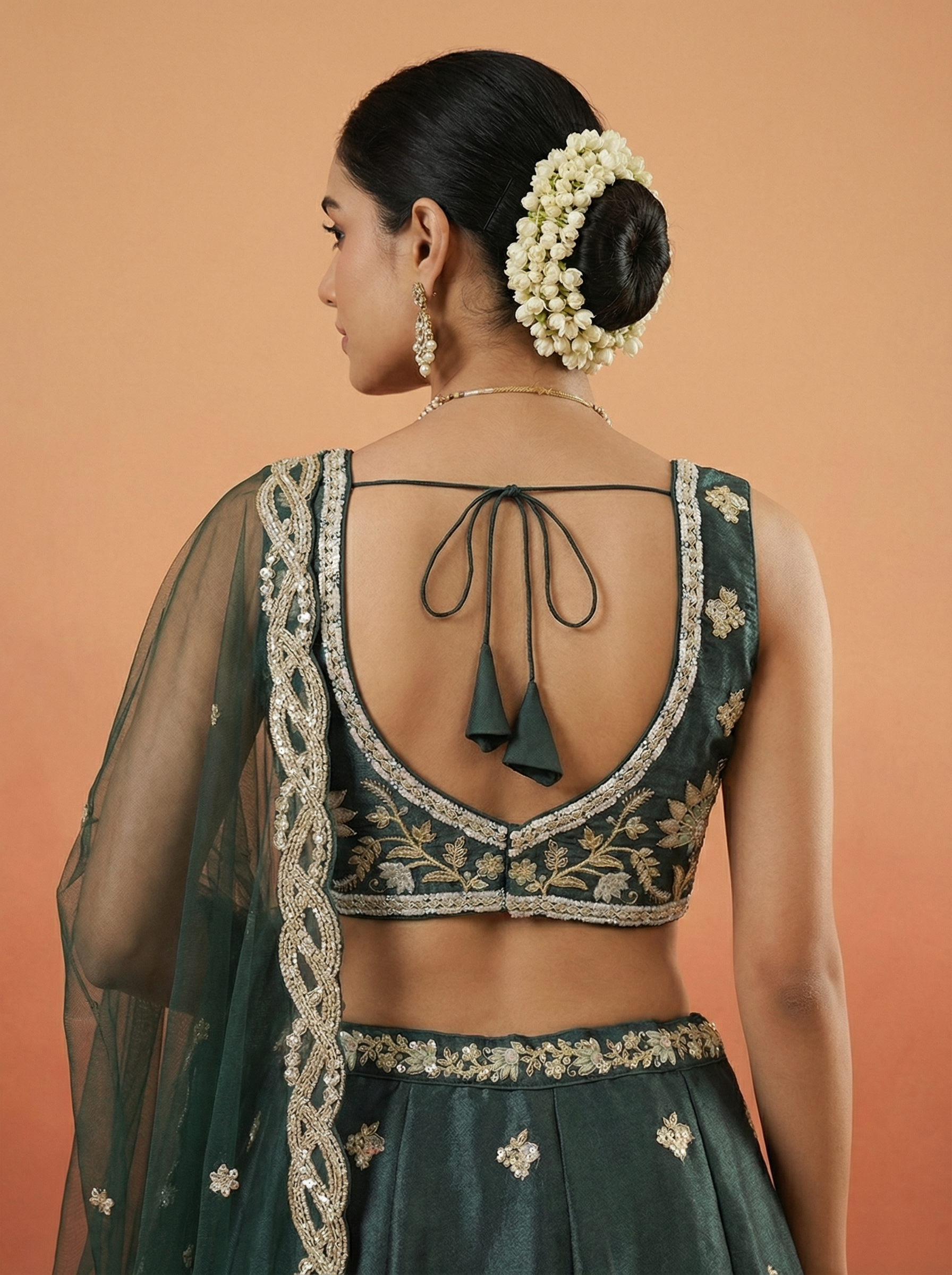 Dark Green Tissue Lahenga with Beads Embroidery