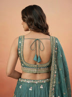 Rama Tissue Lahenga with Colourful Peacock Embroidery