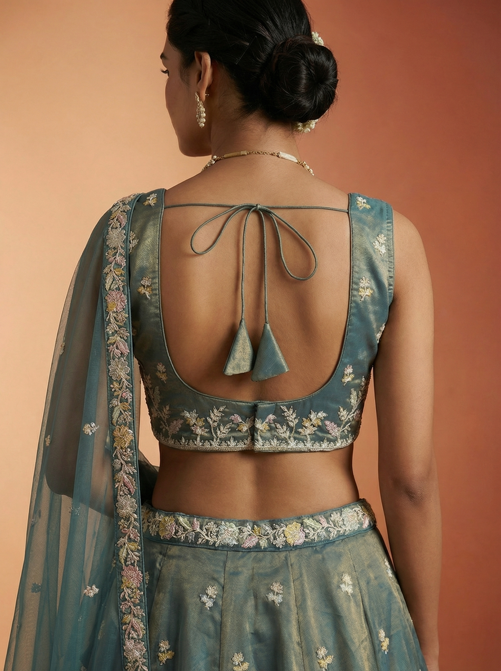 Shade of Teal Tissue Lahenga with Moti Embroidery