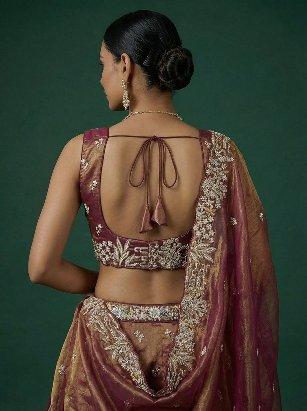 Rust Brown Tissue Lahenga With Moti Embroidery
