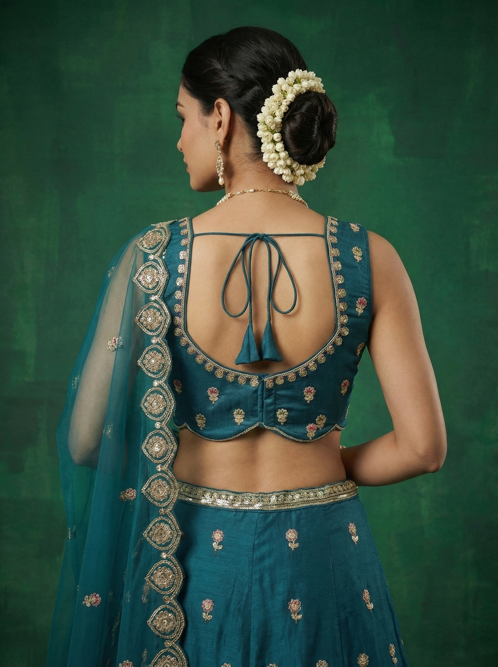 Teal Blue Chinnon Lahenga With Moti Sequence Embroidery