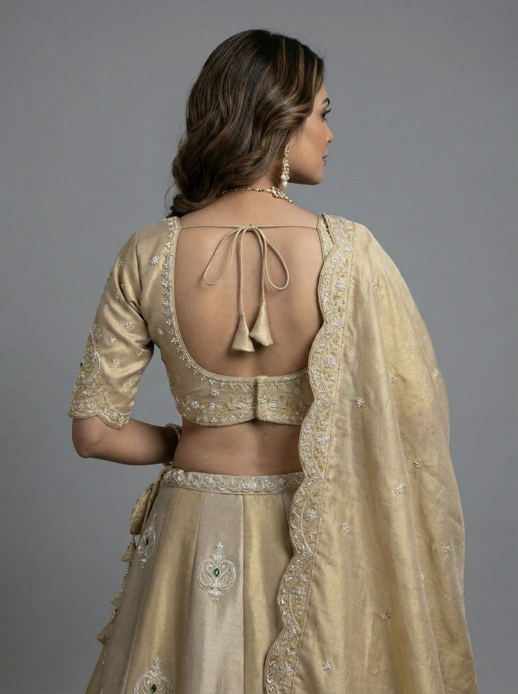 Golden Tissue Lahenga with Beads Embroidery