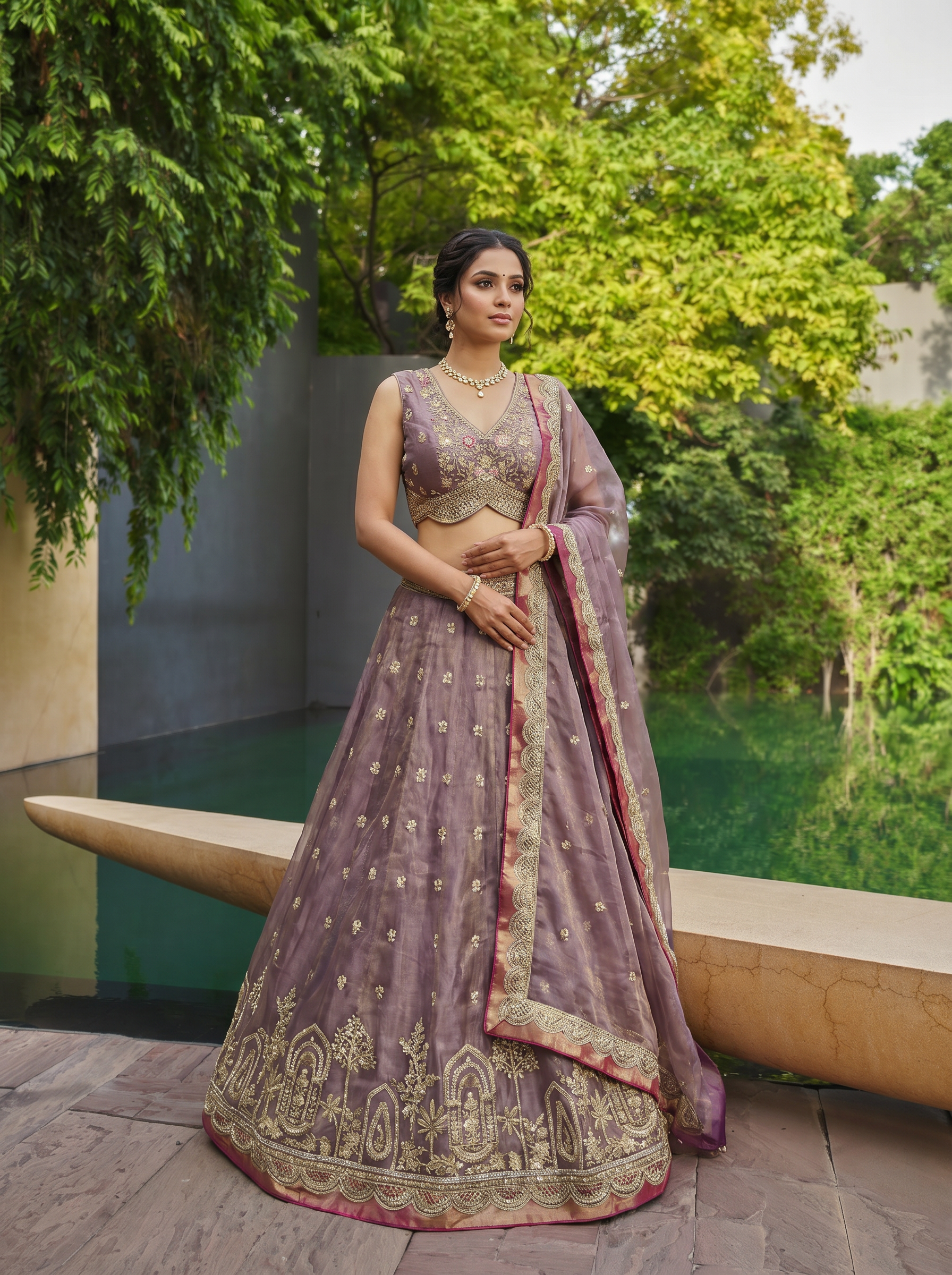 Mauve Tissue Lahenga with Sequince Embroidery