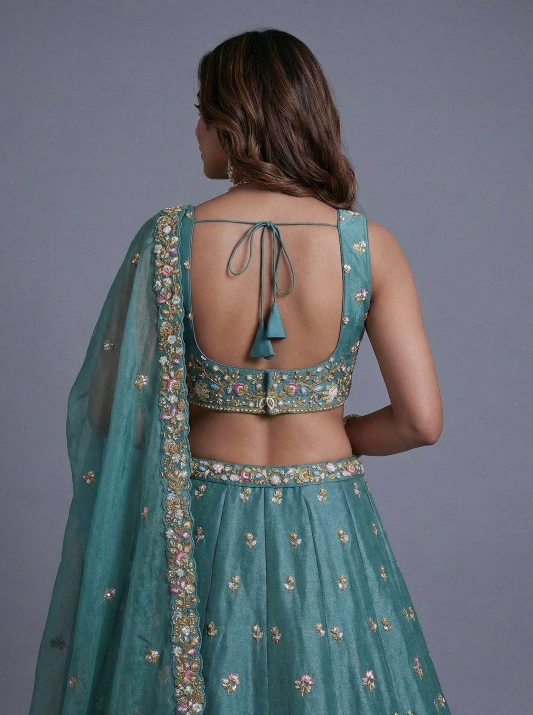 Sea Green Tissue Lahenga with Sequince Embroidery