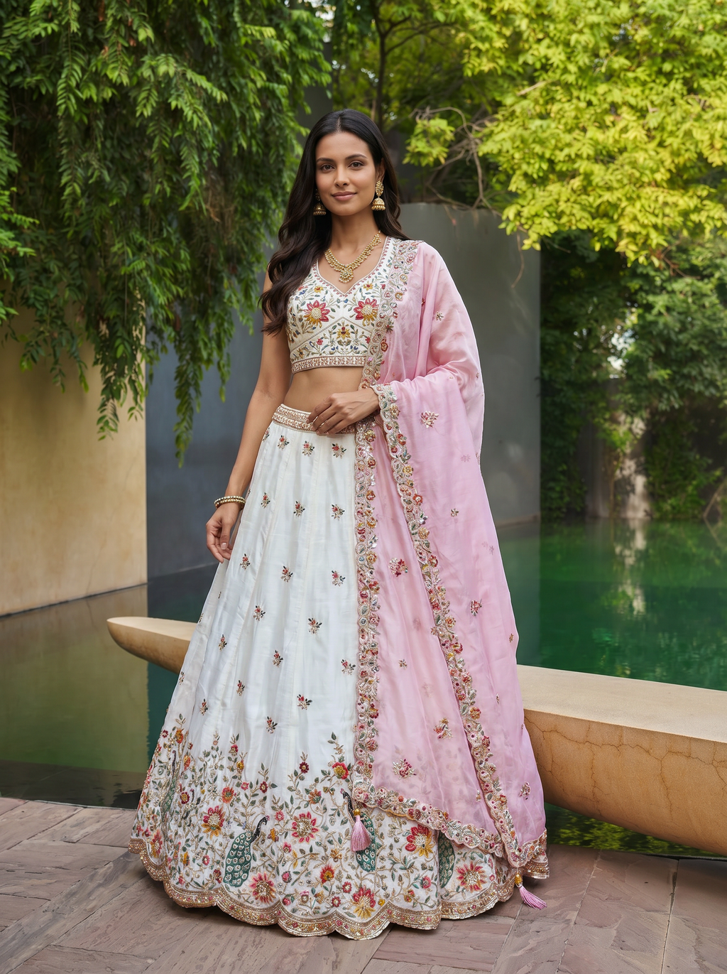Cream & Pink Organza Lahenga with Zarkan & Sequince Embroidery