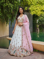 Cream & Pink Organza Lahenga with Zarkan & Sequince Embroidery