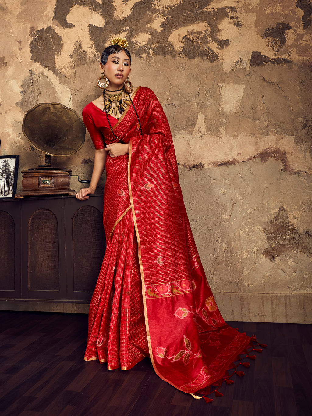 Red Tussar Handloom Silk Saree