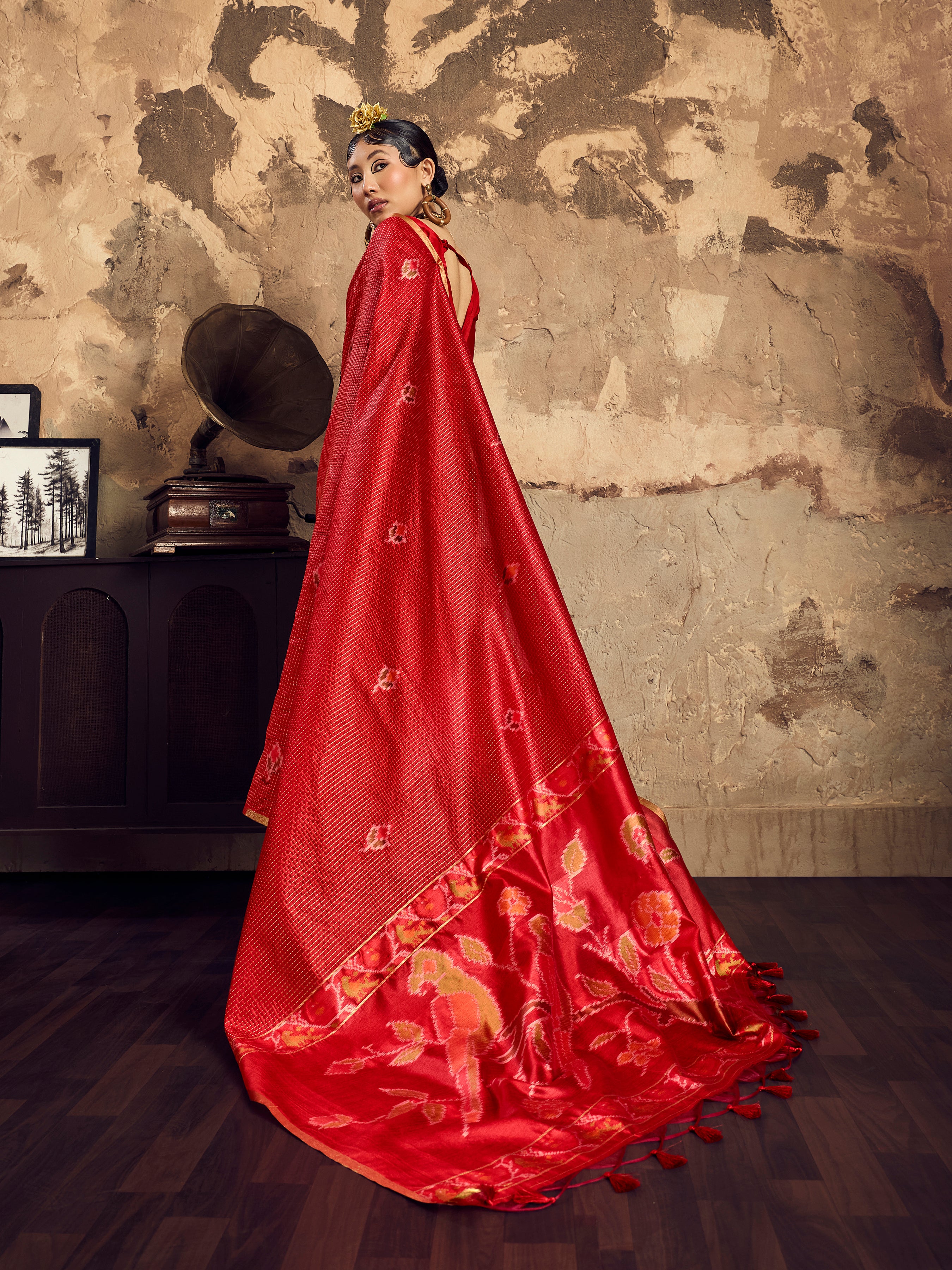 Red Tussar Handloom Silk Saree