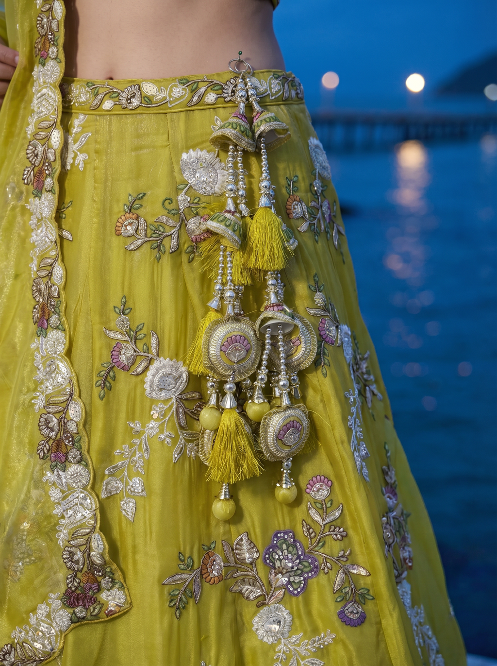Yellow Tissue Lahenga with Woolen Embroidery